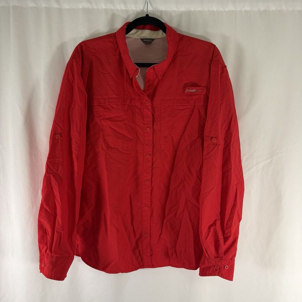 Eddie Bauer Fishing Shirt Women's XL Red Long Sleeve Breathable Button Up Nylon